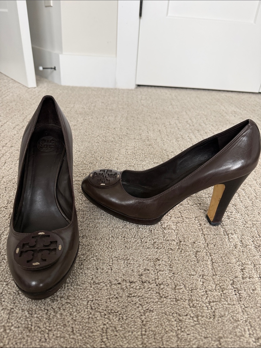 Tory Burch Dark Brown Leather Logo Medallion Heels